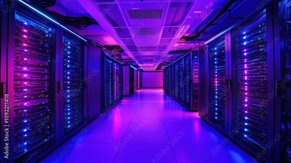 Illuminated Server Room Rows Of Data Center Technology Illuminated Server Room Rows Of Data Center Technology