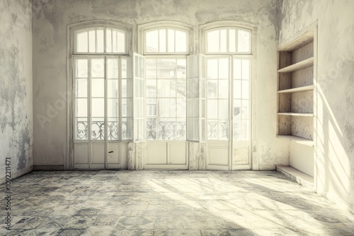 A sunlit, empty room with large windows and a simple shelf, evoking a sense of tranquility.