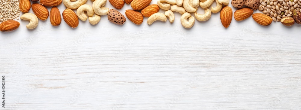 A variety of nuts and seeds arranged on a light wooden surface. A variety of nuts and seeds arranged on a light wooden surface.