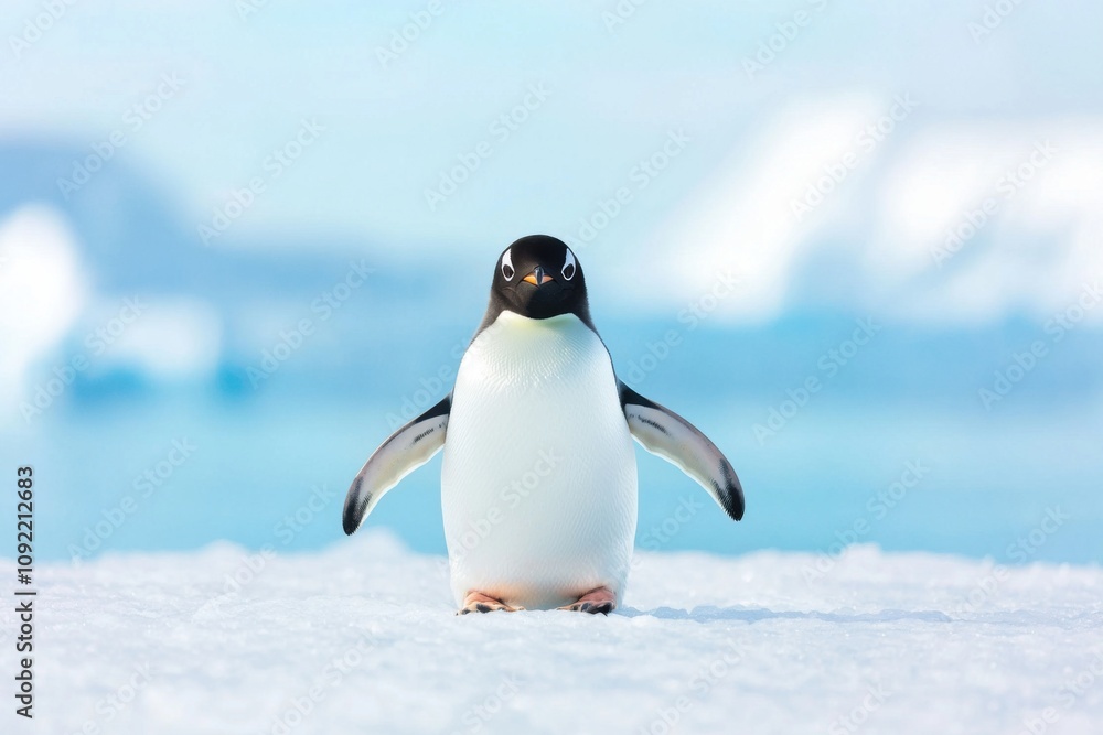 Obraz premium Adorable Penguin Standing on Ice in the Arctic with Blue Icebergs in Background, Capturing the Beauty of Wildlife in a Serene Environment