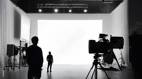Two Silhouettes of Men in a Studio Setting with a Large Camera on a Tripod
