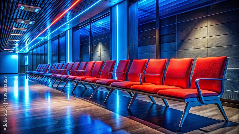 Fototapeta premium Night Waiting Room Chairs Red Blue Row Photography AI Art