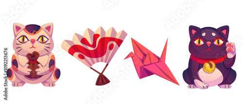 Maneki-neko cats set isolated on white background. Vector cartoon illustration of luck and wealth animal figurines, bamboo hand fan, origami crane, asian souvenirs, oriental interior design elements