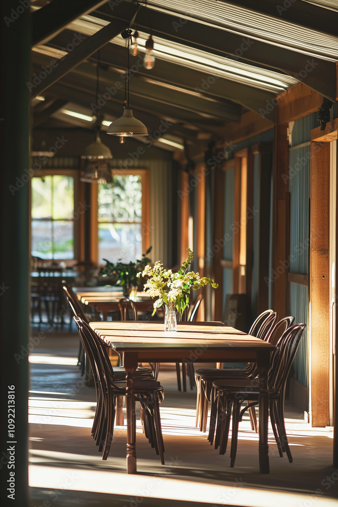 Fototapeta premium Rustic dining space with wooden tables, fresh flowers, and a relaxed atmosphere