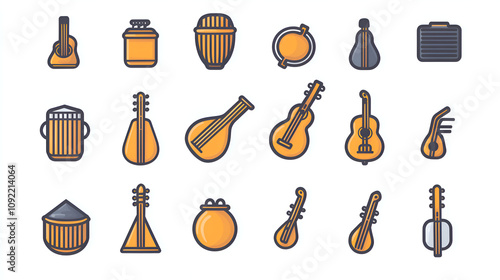 Diverse Collection of Musical Instruments Featuring Guitar, Percussion, Strings and Folk Instruments in Artistic Design photo