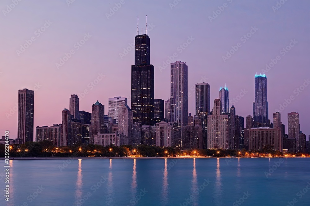 Obraz premium Chicago Skyline at Twilight with Illuminated Skyscrapers on Soft Pastel Background