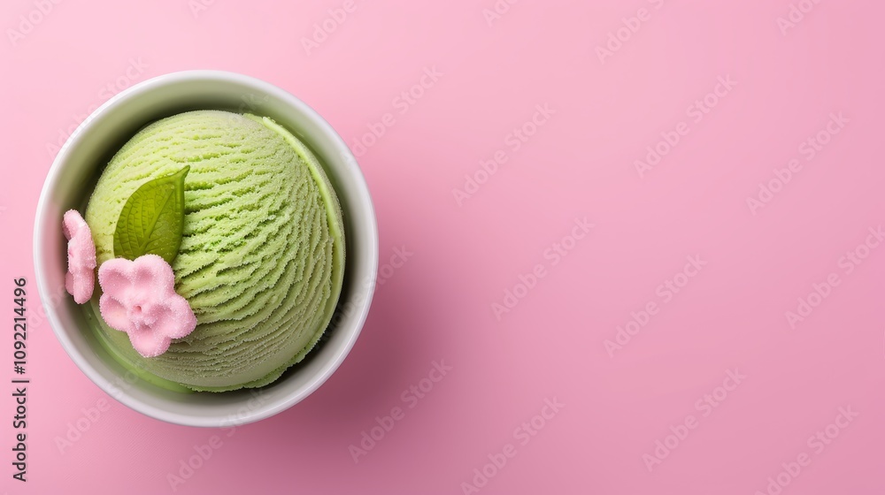 Green ice cream with flowers in a bowl on pink background. Green ice cream with flowers in a bowl on pink background.