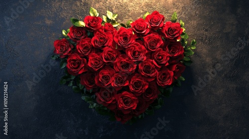 A beautiful heart-shaped design made of vibrant red roses, showcasing love and affection, perfect for romantic occasions and celebrations of passion and intimacy.