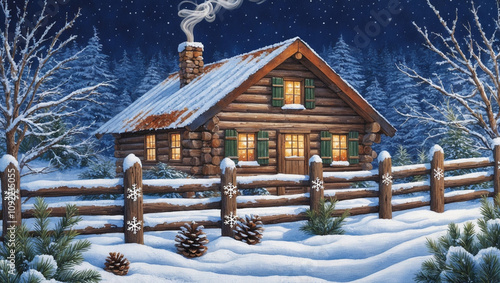 A cozy log cabin, adorned with wooden shutters and a rusty metal roof, stands amidst a serene winter wonderland, with smoke gently curling from the crooked chimney