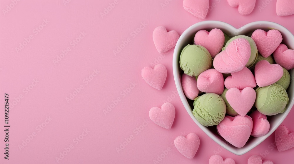 Heart-shaped bowl filled with colorful treats. Heart-shaped bowl filled with colorful treats.