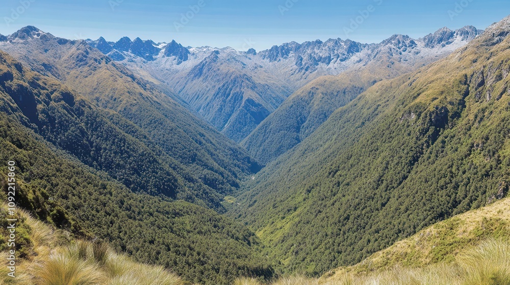 Fototapeta premium Breathtaking mountain valley view in sunlight.