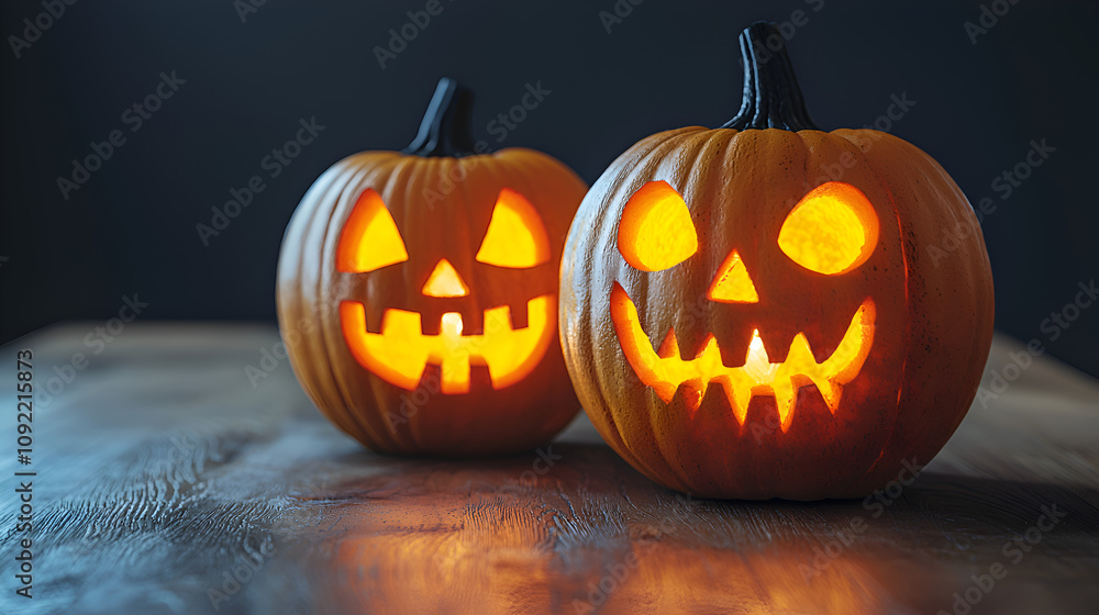 Festive Halloween Pumpkins with Spooky Carved Faces and Candle Glow on Rustic Wooden Table Festive Halloween Pumpkins with Spooky Carved Faces and Candle Glow on Rustic Wooden Table