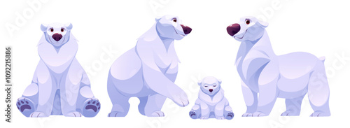 Cartoon polar bear characters in different poses - sitting and standing, adult and cub arctic animal. White mammal for game design or children book illustrations. Funny winter tundra mascot.