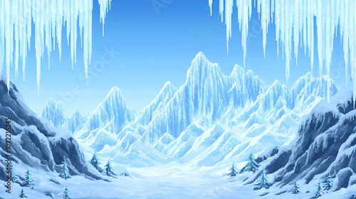 
Pixel art of an icy mountain range with icicles, an 8-bit video game background, pixelated photo