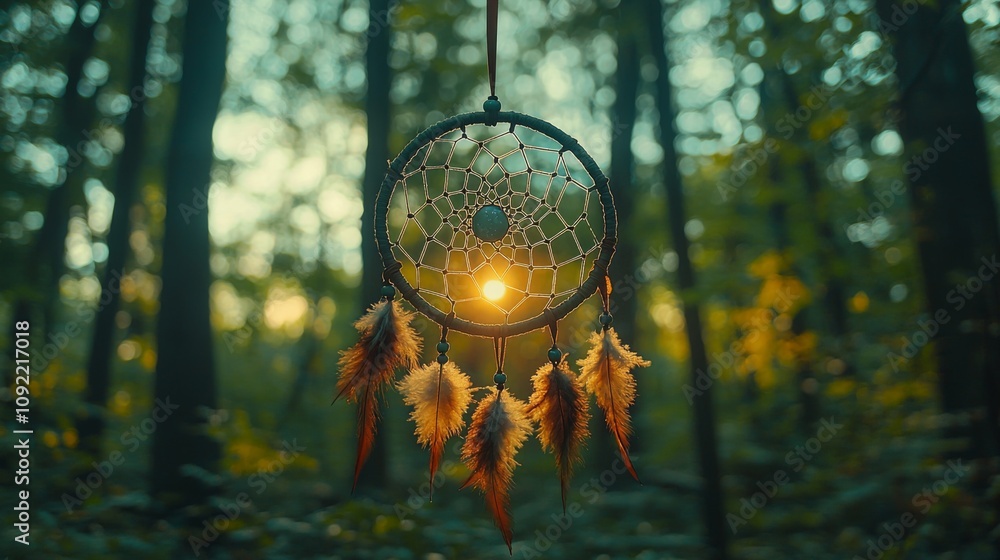 Fototapeta premium Dreamcatcher with crystals in peaceful forest background closeup shot