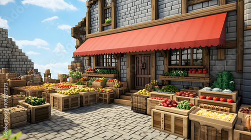 Pixel Art of Old Fantasy Inn with Large Window, Red Awning, Wooden Crates, and Garden photo