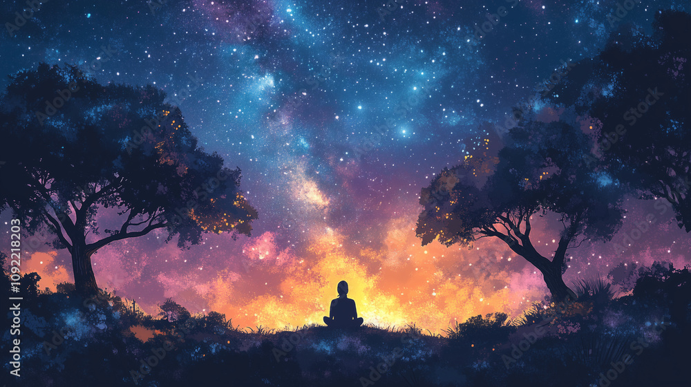 Fototapeta premium Meditative Silhouette Under a Starry Sky