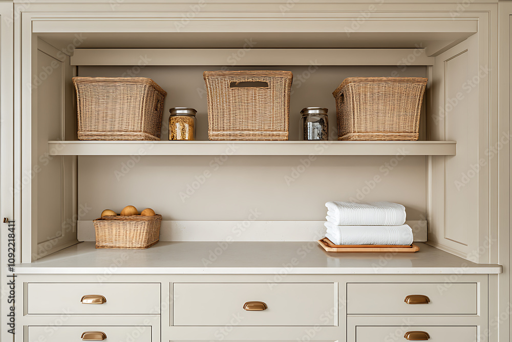 Fototapeta premium Organized Home Storage: Beige Kitchen Cabinet with Wicker Baskets and Neat Arrangement