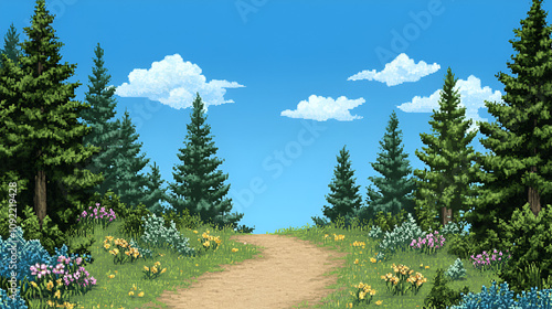 Pixel Art Forest Landscape with Dirt Path, Blue Sky, and Small Flowers in Anime illustration photo