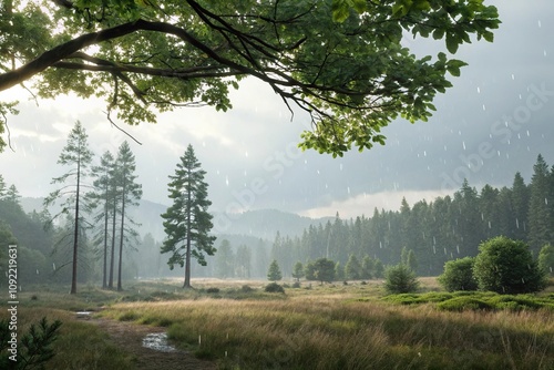 A serene forest scene with raindrops falling on the leaves and branches of towering trees, foliage, leaf litter, rainyforest photo