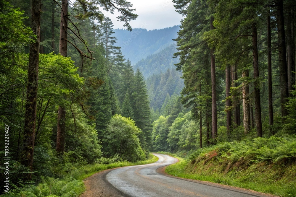 A single lane forest road surrounded by dense foliage and towering trees, dense undergrowth, forest road, woodland surroundings, rural landscape A single lane forest road surrounded by dense foliage and towering trees, dense undergrowth, forest road, woodland surroundings, rural landscape
