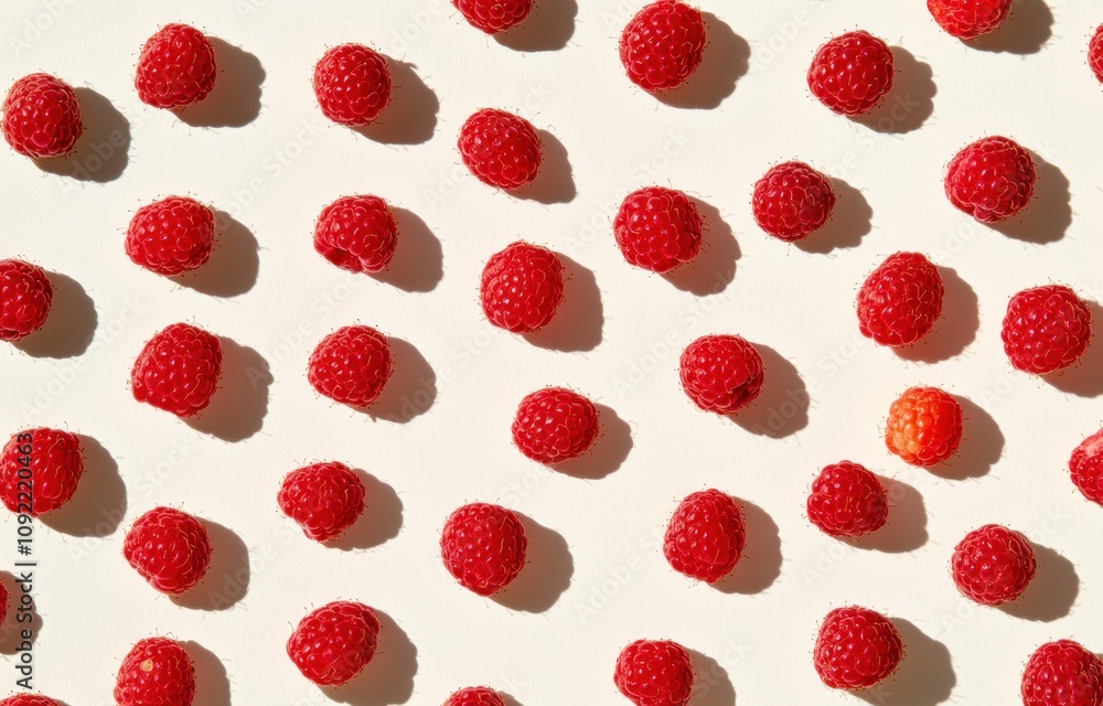 A pattern of red raspberries arranged on a light background, showcasing their vibrant color. A pattern of red raspberries arranged on a light background, showcasing their vibrant color.