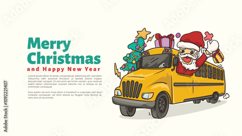 santa clause ride school bus for school bus driver, teacher and educators chirstmas and happy new year greeting card and web page template vector illustration