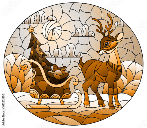 Illustration in stained glass style, a deer with gifts on the background of a winter night landscape, tone brown