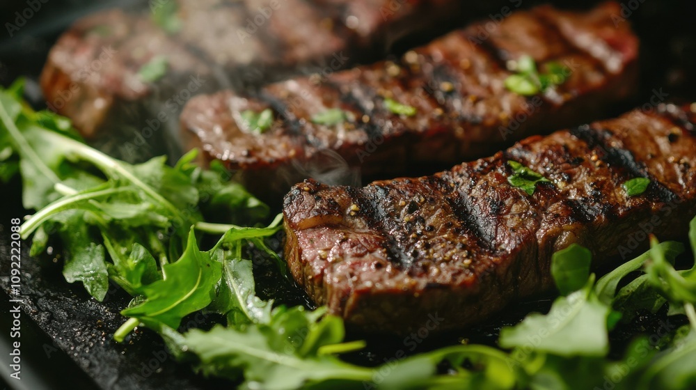 Close-up of sizzling grilled steak with side of greens Close-up of sizzling grilled steak with side of greens