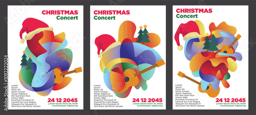  Abstract Christmas Concert Poster with Guitar and Pine Tree Decor. abstract christmas music poster set teplate vector illustration.