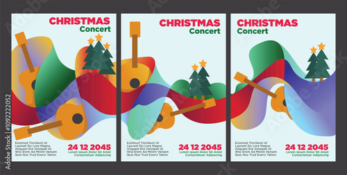  Festive Holiday Music Design: Guitar and Christmas Ornaments. abstract christmas music poster set teplate vector illustration.