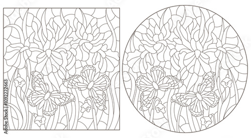 Set of contour illustrations in the style of stained glass with iris flowers and butterflies, dark contours on a white background