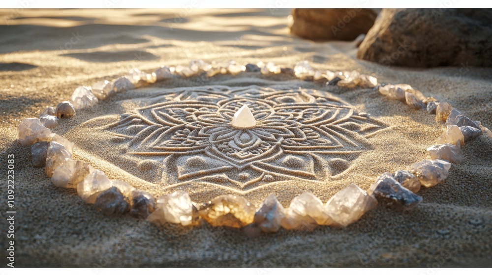 Mandala sand drawing with crystals for spiritual connection symbolizing mindfulness Mandala sand drawing with crystals for spiritual connection symbolizing mindfulness