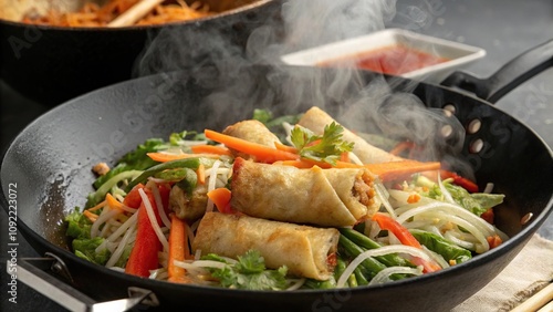 A steaming hot wok with fried spring rolls fresh vegetables and savory souse ingredients, vegetables, wok, spring rolls, , fried