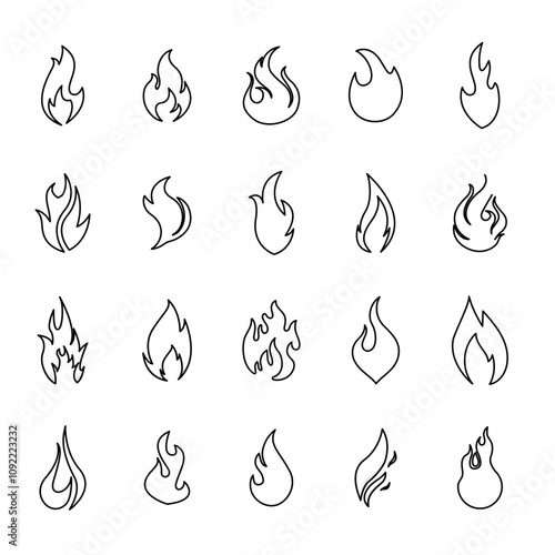 Fire flames, set vector icons Fire and flames outline icon set. Contour bonfire, linear flaming elements. Hand drawn monochrome different fire flame vector illustration. vector fire flame set isolated