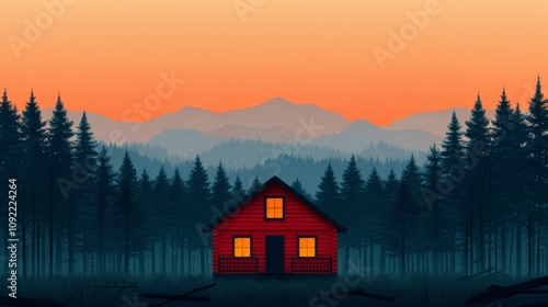 Red cabin in a forest at sunset. photo