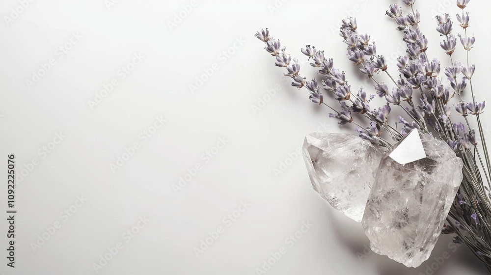 Obraz premium Crystal point and lavender sprig on white background setup
