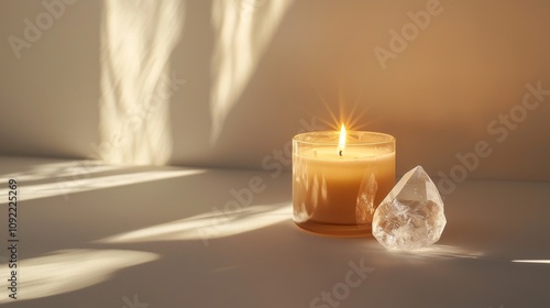 Minimalist layout with candle quartz white surface shadows  169 ratio quality 2 sharpening stylize 250 v 61 photo