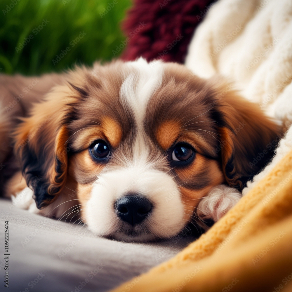 Fototapeta premium Adorable Fluffy Puppy with Expressive Eyes in a Cozy Setting