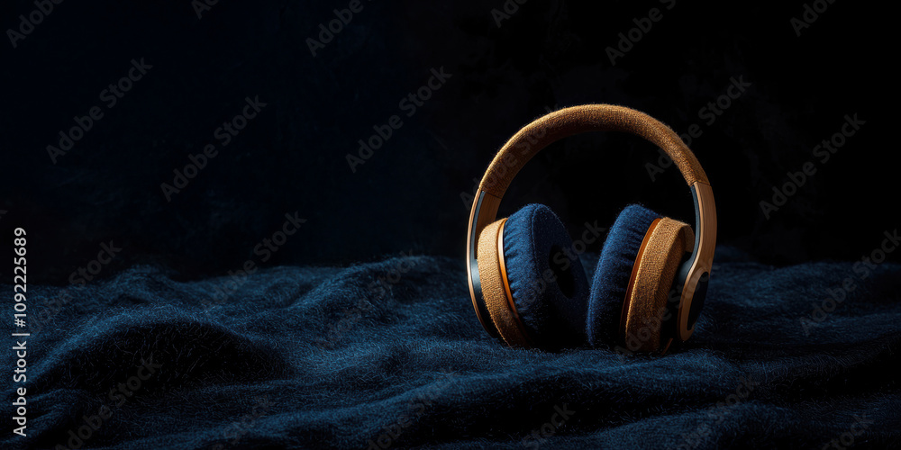 Fototapeta premium Stylish headphones resting on a dark fabric surface, perfect for music lovers.