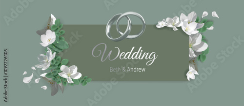 Green wedding invitation banner decorated with silver interlocked bands, white magnolia blooms and eucalyptus leaves. Elegant matrimonial ceremony announcement template with white gold rings and bloom