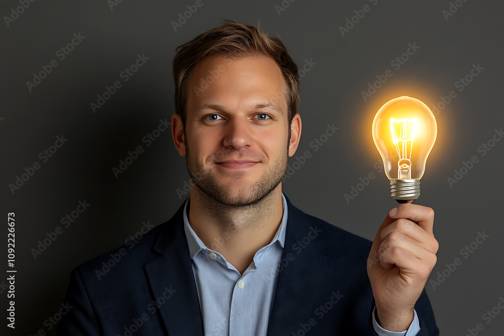 Portrait of a Man Holding a Glowing Lightbulb, Symbolizing Ideas, Innovation, and Creative Solutions for Business Success Portrait of a Man Holding a Glowing Lightbulb, Symbolizing Ideas, Innovation, and Creative Solutions for Business Success