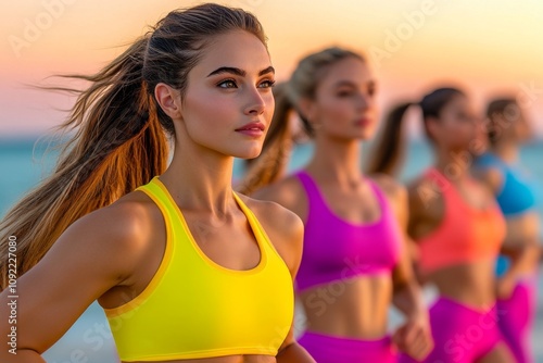 An aerobics class at a beach during sunrise, with participants moving rhythmically against the backdrop of the ocean photo