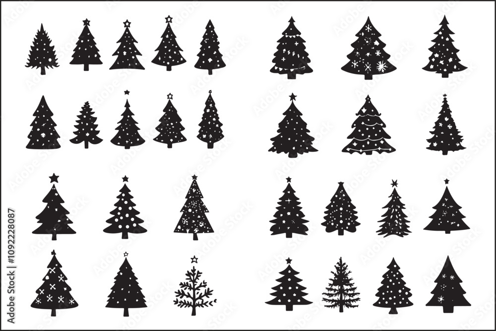 Obraz premium Christmas Tree Vector silhouette set, Christmas Tree, Christmas Vector, Holiday Silhouette, Christmas Illustration, Xmas Tree, Vector Christmas Tree, Christmas Decor, Christmas Design, Holiday Graphic