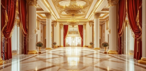 A grand royal golden hall with chandeliers, polished floor, red velvet curtains. Marble floors. Gold decor.