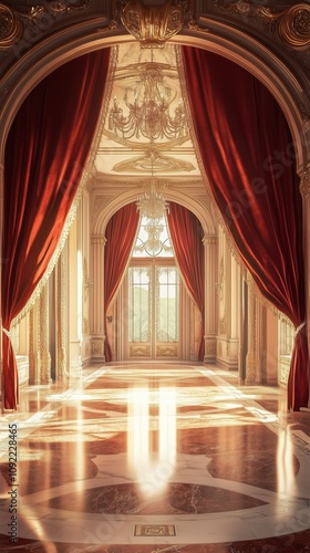 A grand royal golden hall with chandeliers, polished floor, red velvet curtains. Marble floors. Gold decor. Vertical photo