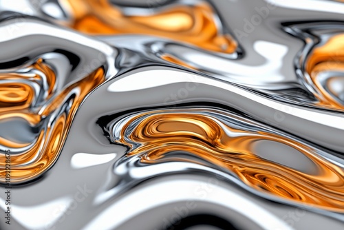 Wallpaper Mural Hyper-realistic close-up of liquid metallic swirls in gold and silver, forming a flowing abstract pattern Torontodigital.ca