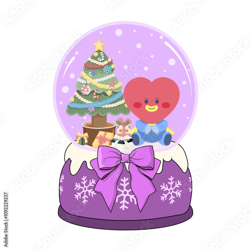 BT21's TATA sitting next to a Christmas tree in a purple snow globe. 보라색 스노우 글로브 속 크리스마스 트리 옆에 앉아 있는 BT21의 타타 photo