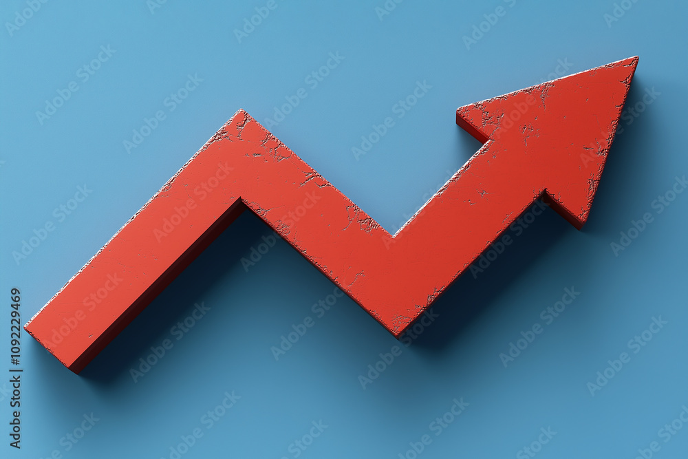 A 3D-style rustic red zigzag upward arrow placed against a blue backdrop. Representing progress and growth. For business and financial contents.