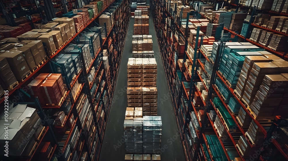 Fototapeta premium Aerial view of large distribution center, rows of shelves, organized logistics